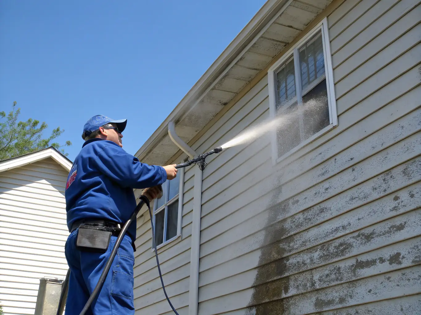 A friendly Blue Giant LLC technician interacting with a satisfied homeowner in front of their freshly power-washed house, emphasizing our customer-focused approach.